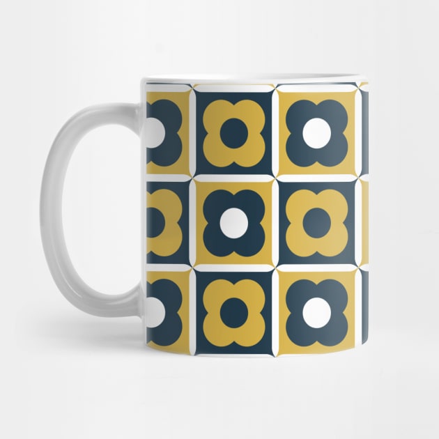 Retro Floral Checker Pattern Navy, Mustard Yellow by tramasdesign